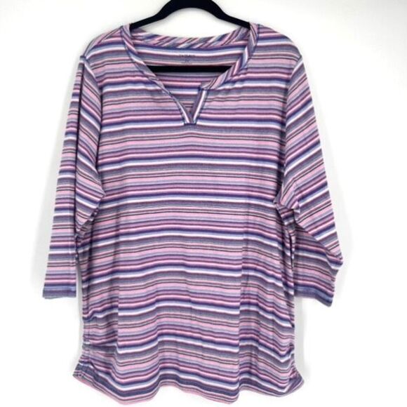 T by Talbots Women's Striped 3/4 Sleeve V-Neck Blouse Top Blue Pink Size Plus 2X - Picture 1 of 7